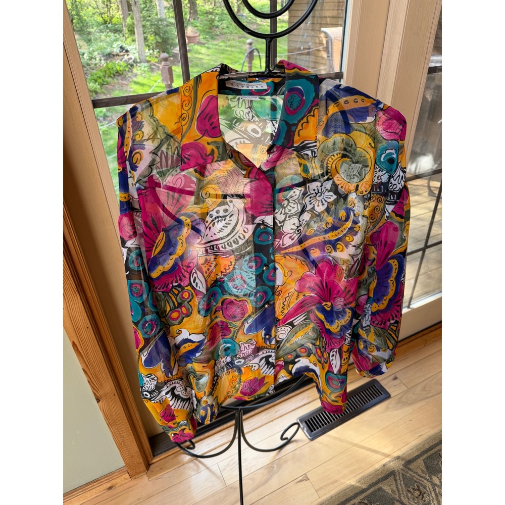 Vintage Express Womens Psychedelic Floral Chiffon Blouse Multi Color Size M 90s